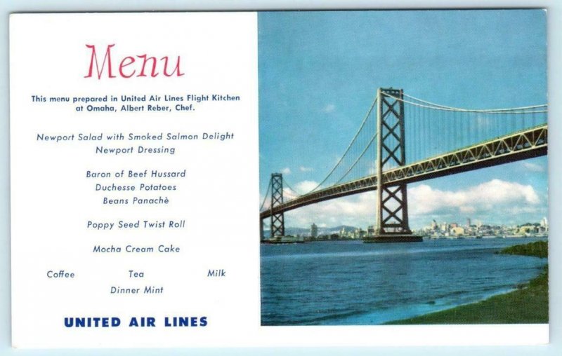 UNITED AIR LINES Menu Postcard SAN FRANCISCO - Oakland Bay Bridge ~ Chef Reber