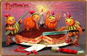 Vintage Tuck's Pumpking Men, JOL, Party, Cake, Knife, Antique Halloween Postcard