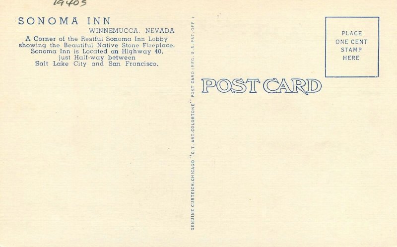 Postcard Nevada Winnemucca Sonoma Inn 1940s Teich interior 22-13084