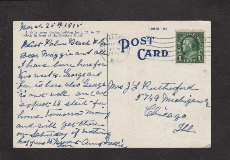 FL Beach The Breakers Hotel Palm Beach Florida Postcard 1925