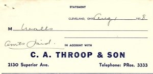 1938 C.A. THROOP & SON COATS-DRESSES CLEVELAND OHIO BILLHEAD STATEMENT Z1347