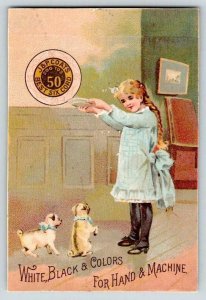 1887 CALENDAR PUG DOGS BEG FOR FOOD J&P COATS THREAD GIRL VICTORIAN TRADE CARD