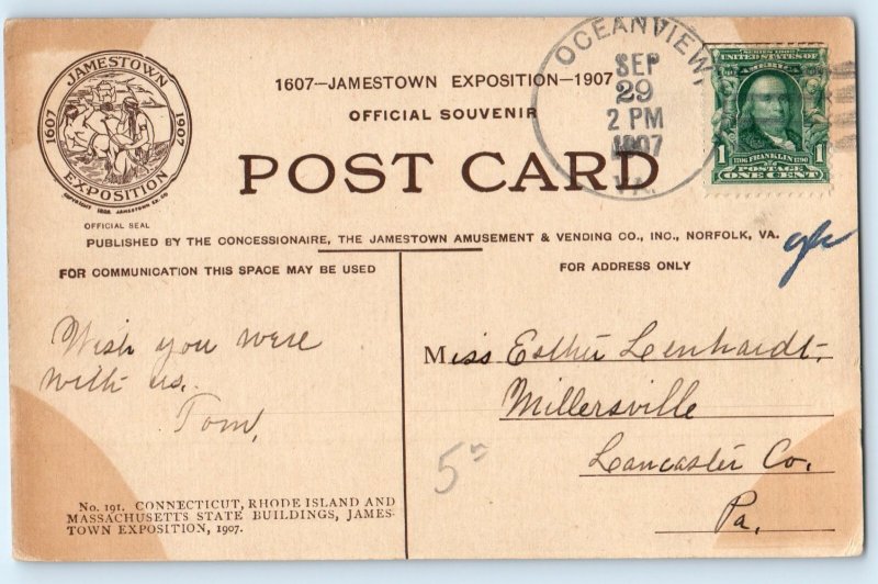 1907 Jamestown Virginia VA Postcard Connecticut Rhode Island Massachusetts State