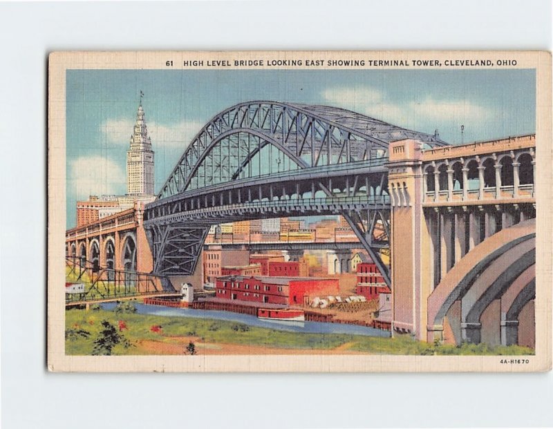 Postcard High Level Bridge Looking East Showing Terminal Tower, Cleveland, Ohio