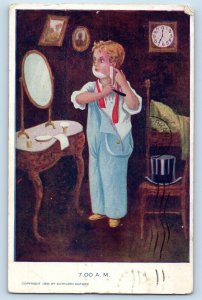 Nampa Idaho ID Postcard Boy Sharing Straight Razor Mirror Clock Scene 1907