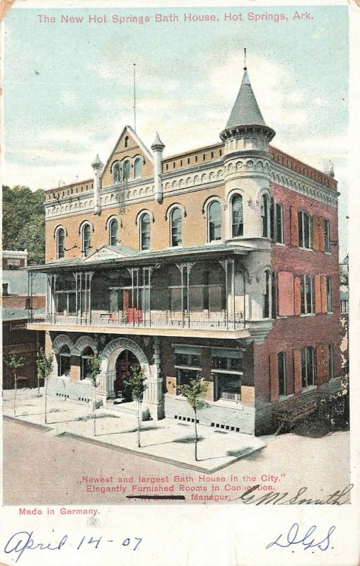 Postcard 1907 The New Hot Springs Bath House, Hot Springs, Arkansas ME3.