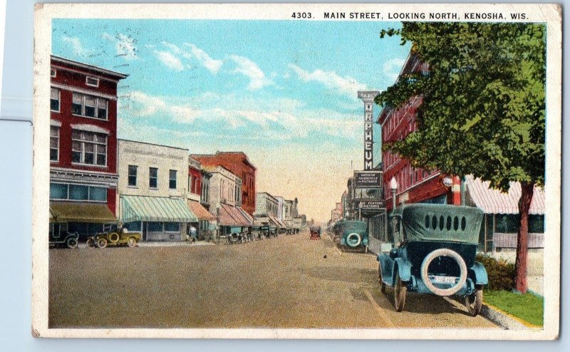 1924 Main Street Looking North Classic Cars Stores Kenosha Wisconsin WI Postcard