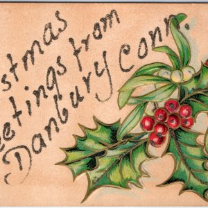 c1910s Danbury, CT Christmas Greetings Mica Glitter Holly Berry Postcard A116