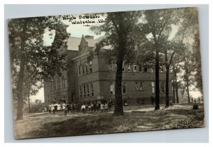 Vintage 1910's Photo Postcard Students in front of High School Watseka Illinois