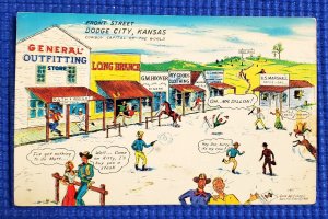 Vtg 1950s Boot Hill Cowboy Capitol of the World Comic Dodge City Kansas Postcard