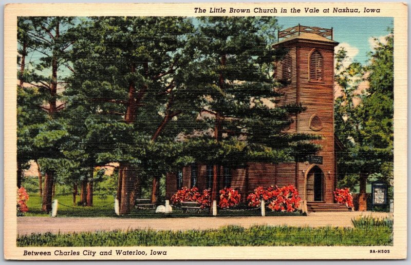 The Little Brown Church In Vale At Nashua Iowa Roadway Trees & Flowers Postcard