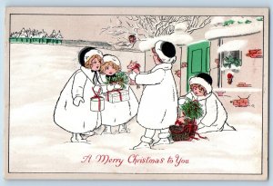 Christmas Postcard Children Holly Berries Gifts Winter Scene Centre Harbor NH