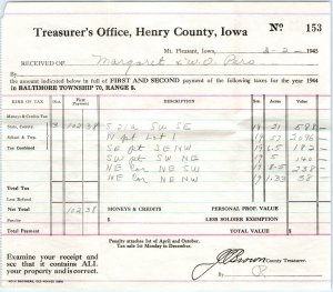 1945 Baltimore Twp, Mt Pleasant, Henry Co IA Property Tax Receipt Form Paper C47