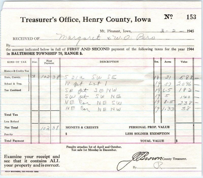 1945 Baltimore Twp, Mt Pleasant, Henry Co IA Property Tax Receipt Form Paper C47