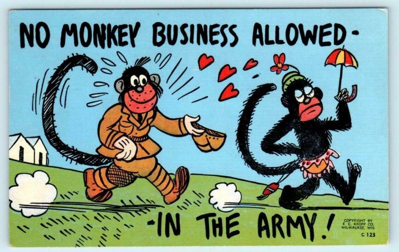 Military Comic  NO MONKEY BUSINESS ALLOWED - IN THE ARMY 1945 Linen Postcard