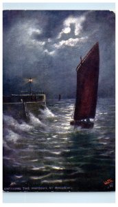 c1910 Entering The Harbour St. Andrews Moonlight Oilette Tuck Art Postcard 