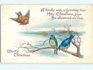 Pre-Linen christmas BROWN BIRD FLIES TO BLUEBIRDS ON BRANCH hr2731