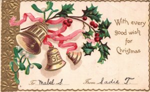 With Every Good Wish For Christmas Bells Ribbons Leaves Antique Postcard 1906