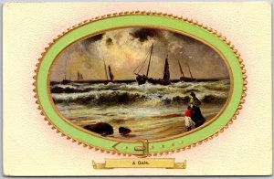 1910's A Gale Sailboats Stormy Waves Scene Green Bordered Posted Postcard