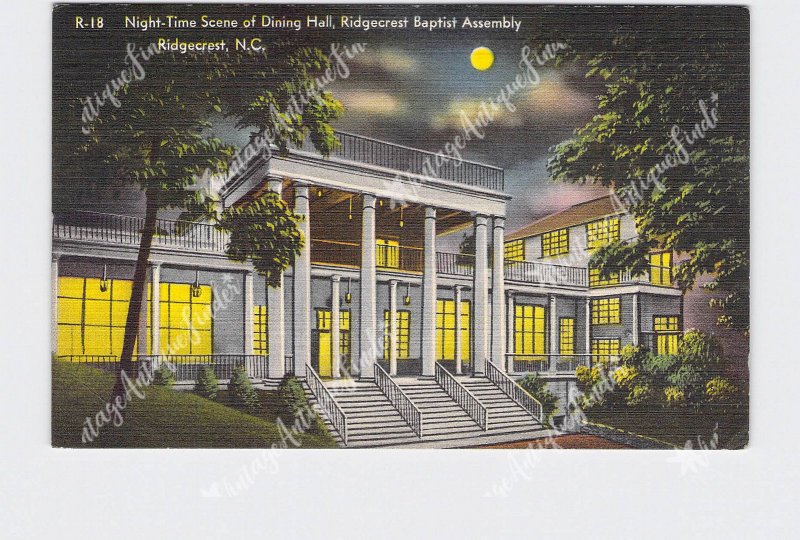 PPC POSTCARD NC NORTH CAROLINA RIDGECREST BAPTIST ASSEMBLY DINING HALL NIGHT SCE