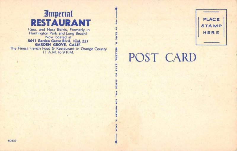 Garden Grove California Imperial Restaurant Vintage Postcard AA11199