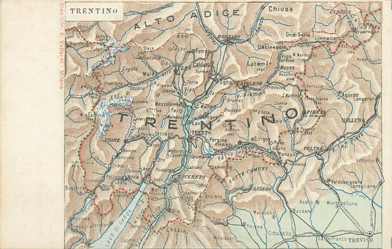 Map of Italy Trentino & Alto Adige Trento Treviso Belluno Cavalese old postcard 