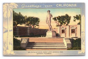 Postcard Greetings From California Statue Of David Forest Lawn Memorial Park