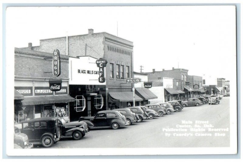 c1950's Main Street Cafe Drug Store Canedy's Custer SD RPPC Photo Postcard