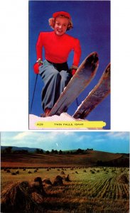 Lot of 2 Twin Falls Idaho Postcards Woman Skiing, Wheat Harvest