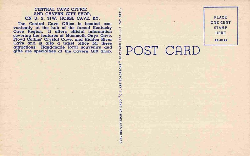 Central Cave Office Cavern Gift Shop US 31W Horse Cave Kentucky linen postcard