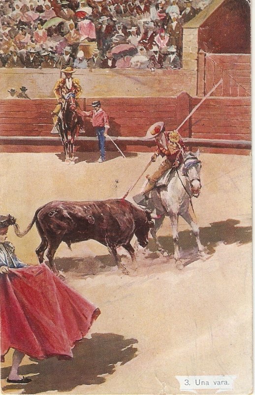 Bullfighting. Horse and Bull. Una Vara Old vintage postcard