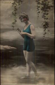 Bathing Beauty in Blue Suit c1915 Tinted Real Photo Postcard