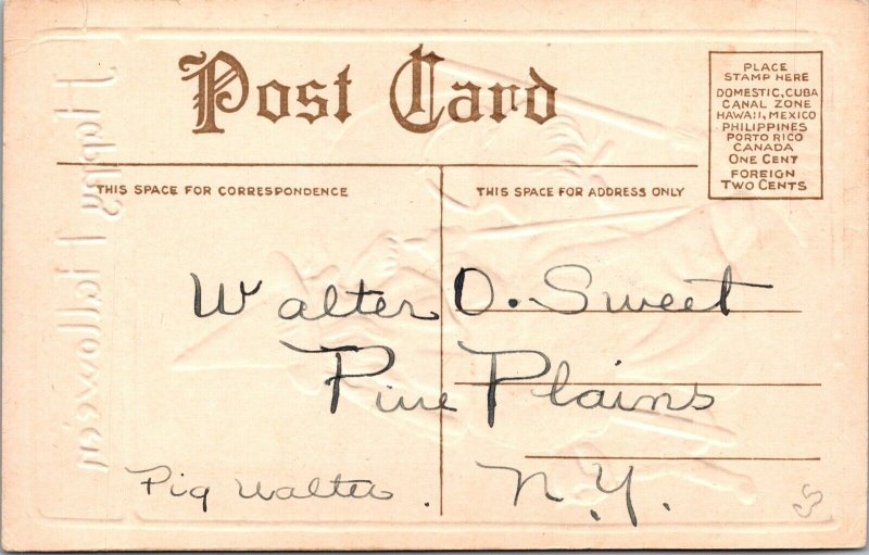 Vintage Witch, Broom, Hat, Boiling, Cauldron,Fireplace,Spell, Halloween Postcard