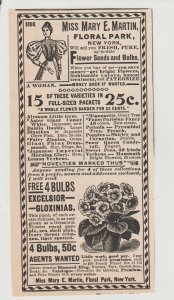 1896 Print Ad Miss Mary E Martin Flower Seeds & Bulbs, Floral Park New York