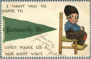 Portsmouth VA Pennant Little Dutch Boy 1913 Used Postcard