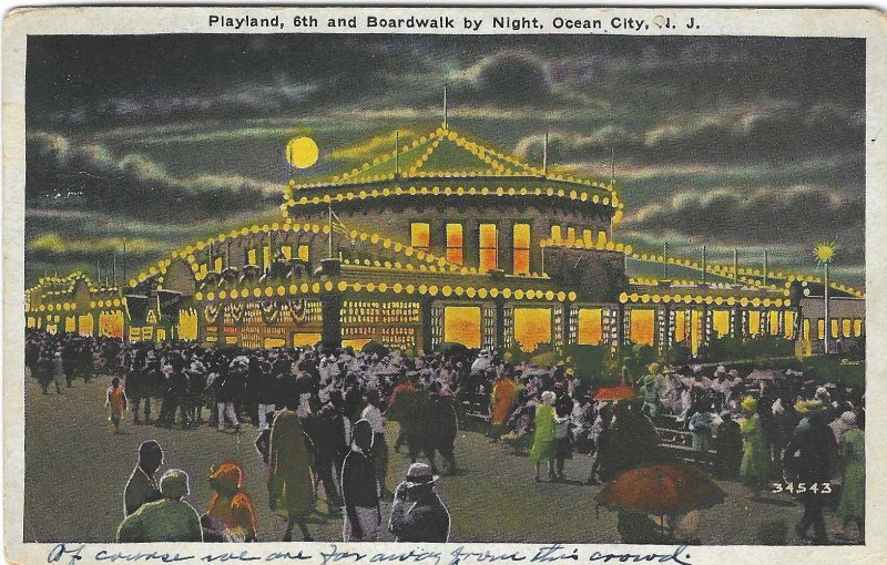 1932 Playland, 6th & Boardwalk by Night, Ocean City, NJ Postcard