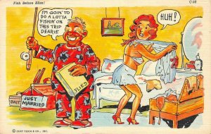 Honeymoon Fish Before Bliss RAY WALTERS Fishing Comic Risque Vintage Postcard