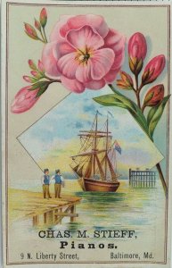 1870's-80's Chas. M. Stieff, Pianos. Boat and Flowers Victorian Trade Card F103