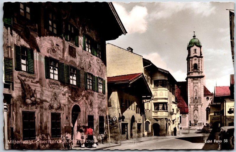 Mittenwald Obermarkt M. Pfarrkirche Germany Building & Street RPPC Postcard