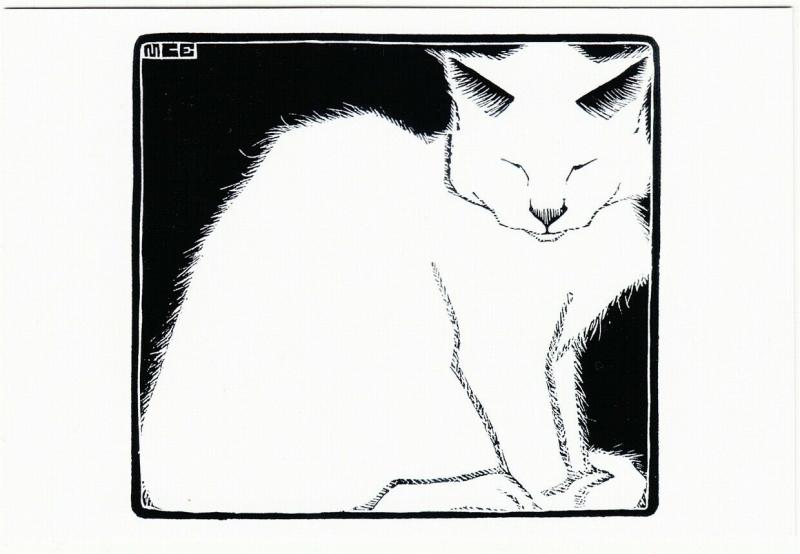 White Cat by M.C. Escher Woodcut Art Postcard