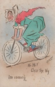 Old Witch Lady On Antique Worn Out Bicycle Old Comic Postcard