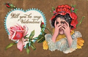 Lovely Gold Floral Valentine c.1909 Postcard Romance Pensive Girl Hiding Hat