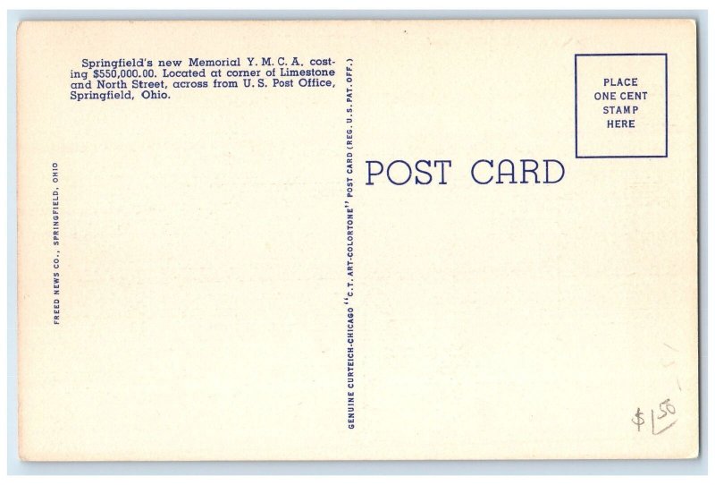 c1940 McGilvray Memorial Y.M.C.A. Exterior Springfield Ohio OH Unposted Postcard