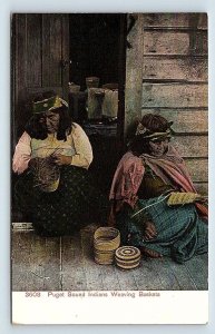 PUGET SOUND, WA Washington ~ c1900s NATIVE AMERICANS Weaving BASKETS Postcard