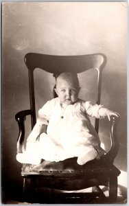 Infant Photograph White Dress on Wooden Chair Baby Child Christening Postcard