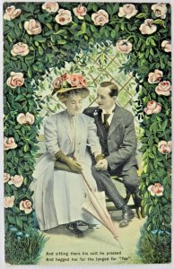 Formal Man and Woman Holding Hands Surrounded by Pink Roses - Vintage Postcard