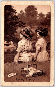 Bank Interest, 1910 Humor Art, Two Women, Picnic near Lake, Vintage Postcard