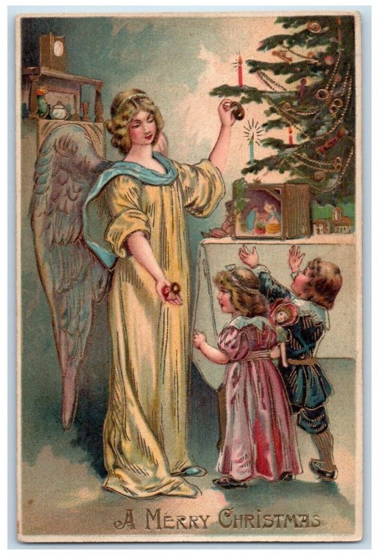 c1910's Christmas Tree Candle Lights Angel Children Embossed Antique Postcard