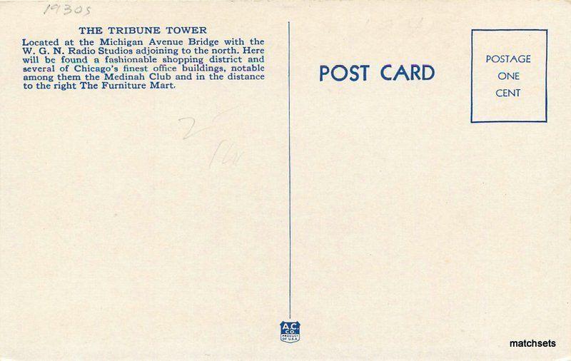 1930s Chicago Illinois Tribune Tower Flag Michigan Avenue Bridge postcard 8957