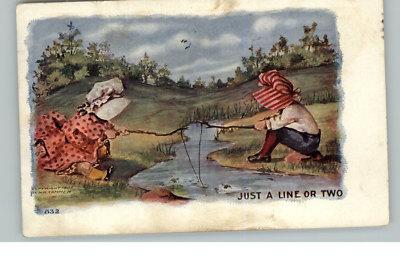 SUNBONNET GIRLS Fishing Scene c1910 Postcard